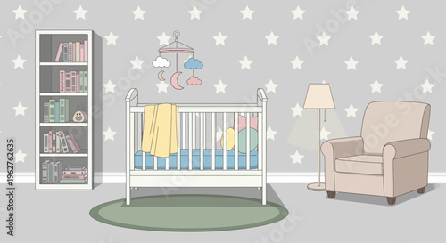 Cozy Baby Nursery Room Interior with Crib, Armchair, Bookshelf and Star Wallpaper Illustration