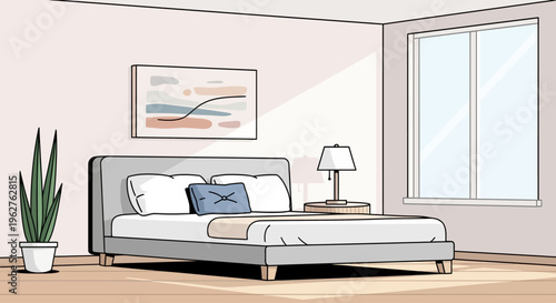 Cozy Bedroom with King Size Bed and Large Window Illustration