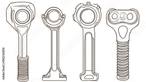 Four stylized mechanical components, line art renderings, various designs, isolated on white background