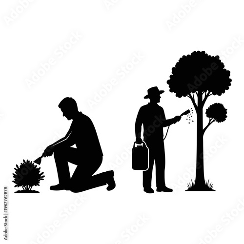Gardening, landscaping icons, silhouettes of gardeners, tree care, plant maintenance