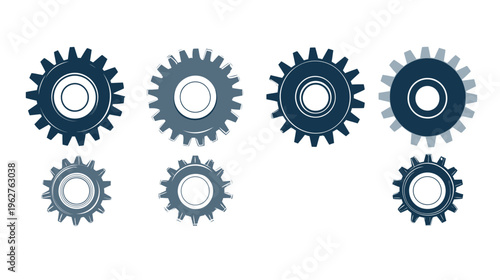 Illustration of several cogs in different shades of blue and gray on a white background