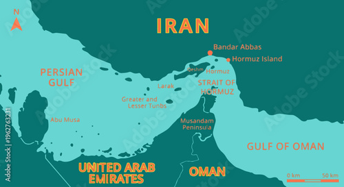 Strait of Hormuz Detailed Political Map with Cities and Islands Labels, Persian Gulf to Gulf of Oman Geographic Vector Illustration