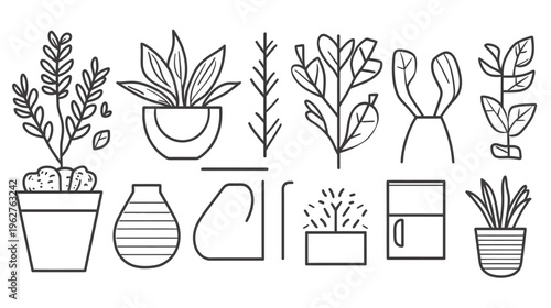 A collection of simple black-and-white line drawings featuring various potted plants and vessels