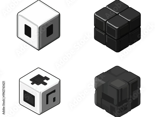 Four isometric cube illustrations, each a different design. Solid and hollow cubes. Black and white