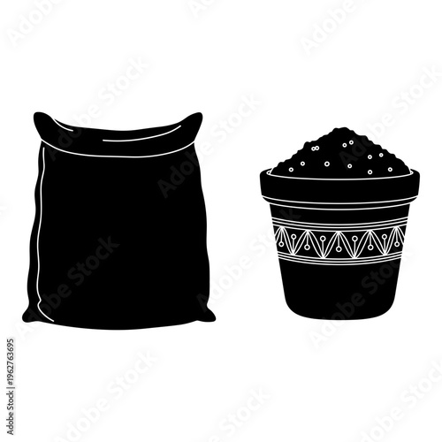Coffee icons, coffee bag and cup, black vector graphics, caffeine symbols