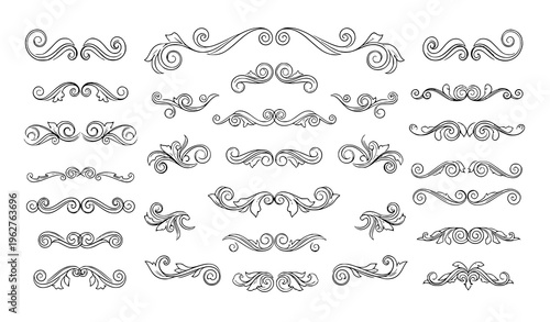 Elegant Vintage Floral Swirl Ornament Set with Decorative Curly Dividers and Leaf Flourishes Vector Collection