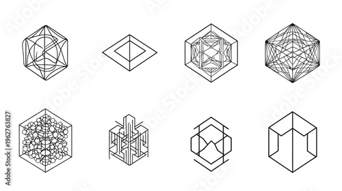 Collection of eight geometric figures in a modern, minimalist style, with linear and solid shapes