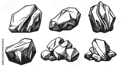 Black and white illustration of various rock formations, with shadows