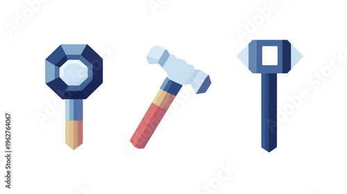 Pixelated artwork depicts three stylized tools hammer, mace and tool, each with distinct color palettes