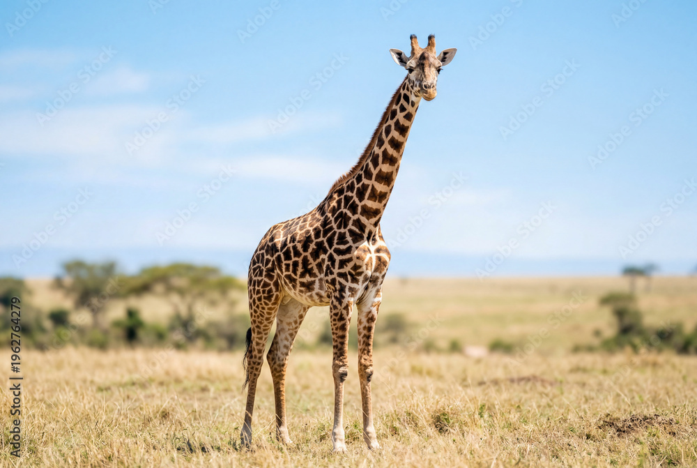 Obraz premium Giraffe standing in a grassy savanna under a clear blue sky