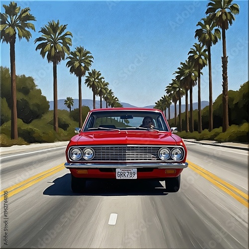 Crimson Cruiser - A Classic Car Journey Through Palm-Lined Streets.