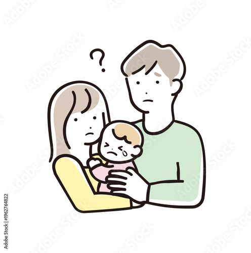 明るいパステルカラーの赤ちゃんを抱っこして困る親子のイラスト 育児の悩み パパとママ