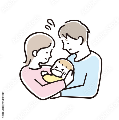 明るいパステルカラーの赤ちゃんを抱っこして困る親子のイラスト 育児の悩み パパとママ