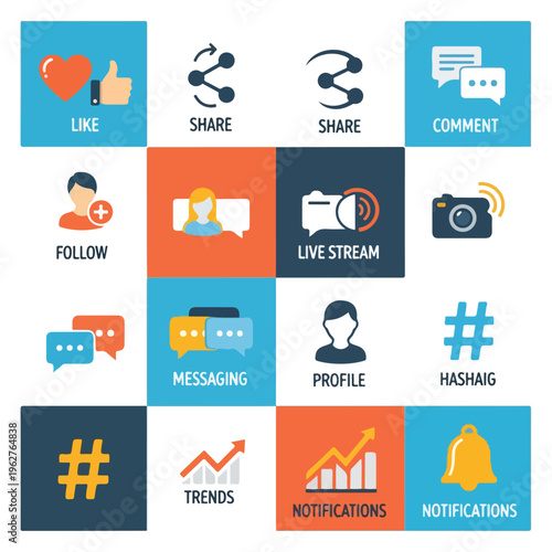 Colorful grid of flat-design social media icons with associated text labels
