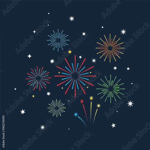 Colorful hand-drawn fireworks exploding in a dark blue night sky