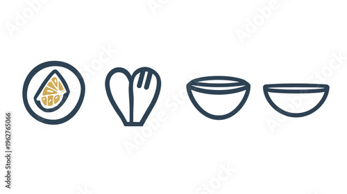 Stylized graphical elements representing food ingredients and serving vessels. White background. Minimalistic style