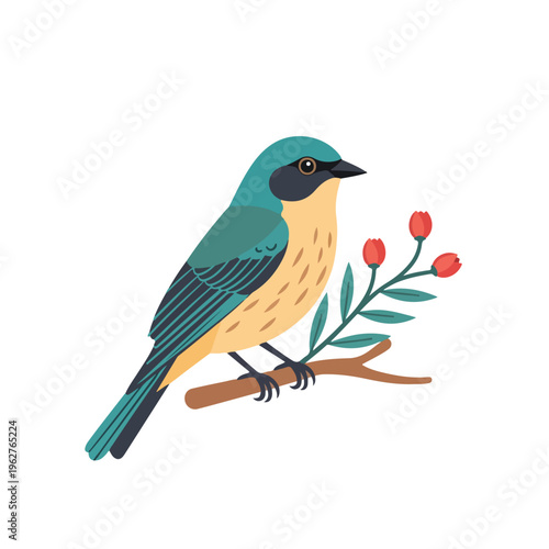 Colorful illustrated bird perching on a branch with red flower buds