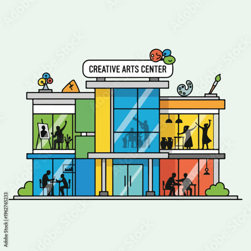 Colorful illustrated building showcasing various art classes and creative activities