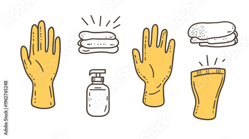 Cartoon elements representing cleaning, hygiene, and sanitization on a white background