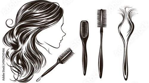A woman's profile next to brushes, featuring her hair and various styling tools