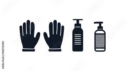 Silhouetted depictions of hand sanitizing and protection. Gloves, soap bottles. Clean aesthetic