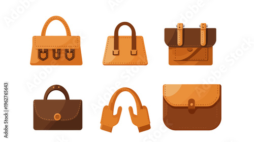 Set of six various stylish handcrafted leather bags in shades of brown and tan, isolated on white