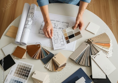 Designers hands choosing color swatches and material samples on a table with blueprints for interior design project