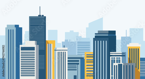 Colorful illustrated cityscape, buildings in various shapes and sizes