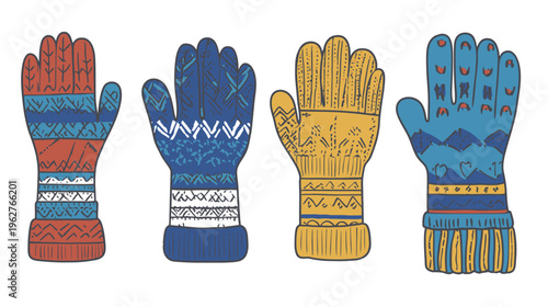 Four colorful, patterned mittens in red, blue, and yellow with intricate designs and knit cuffs