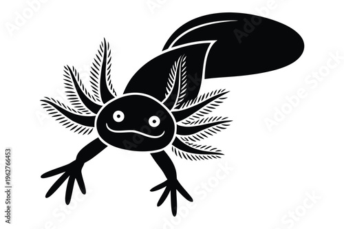 Cartoon axolotl salamander silhouette black and white vector art