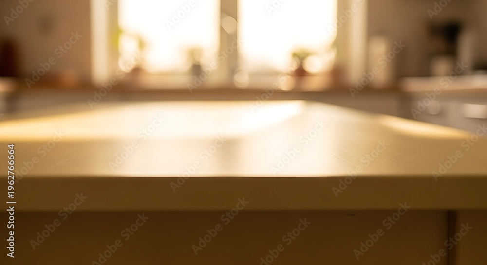 Fototapeta premium Golden hour illumination enhances a blurred kitchen space with countertop