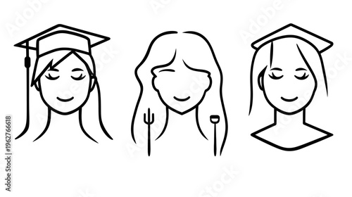 Linear illustrations of women graduates, a woman with cutlery, and another graduate