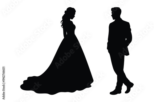 Wedding couple silhouette bride and groom black and white vector