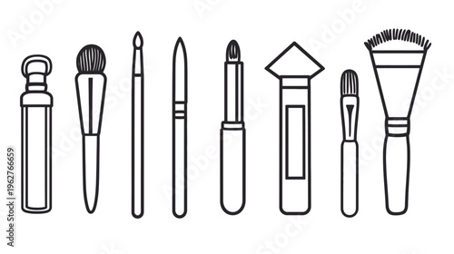 Black and white illustration of various cosmetic brushes, in a simple, minimalist outline