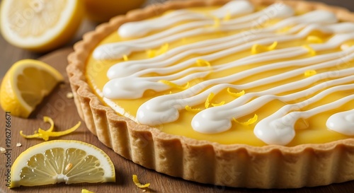 Delicious Lemon Tart with White Icing and Lemon Slices on Wooden Surface.