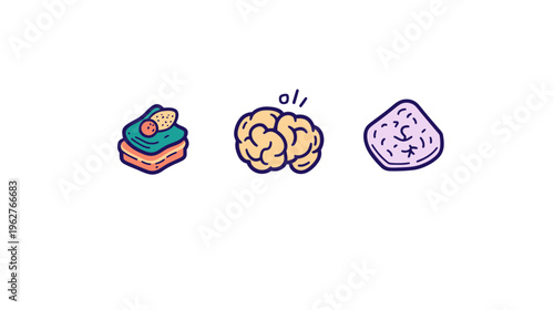 Colorful illustrated graphics including a dessert, a brain with "oi," and a light purple piece