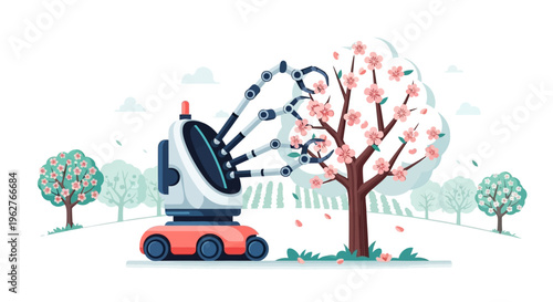 Advanced robotic arm tending to a blooming cherry blossom tree.