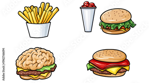 Colorful illustrations of burgers, fries, and condiments, on a white background