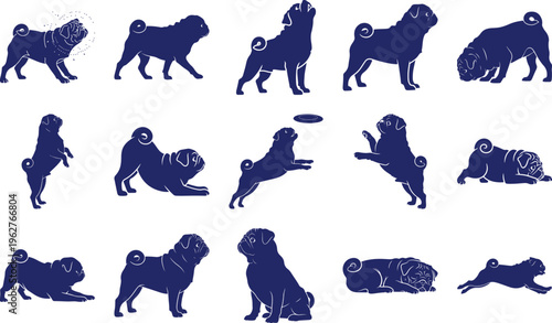 Blue Pug Dog Silhouettes in Various Poses isolated 1