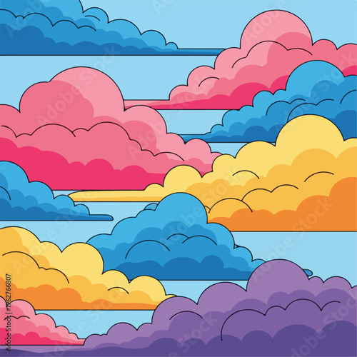 Colorful illustrated cloud shapes against a soft blue background