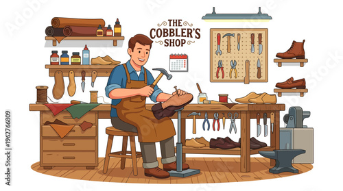 A cobbler diligently working on a shoe in his workshop.