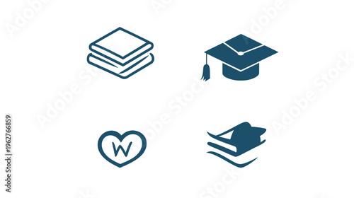 Collection of educational symbols including books, mortarboard, heart, and stylized stack