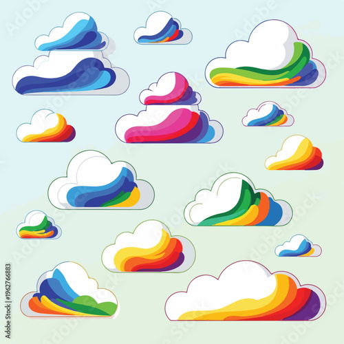 Colorful illustrated cloud shapes arranged on a soft, gradient background
