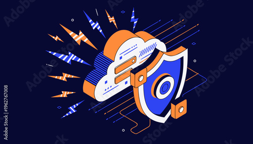 Cyber security concept with digital shield and cloud server isometric vector illustration