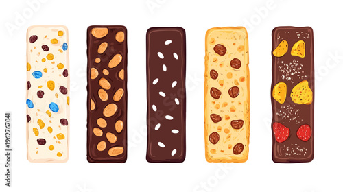 Artistic depiction of five different rectangular energy bars, each with different textures and toppings