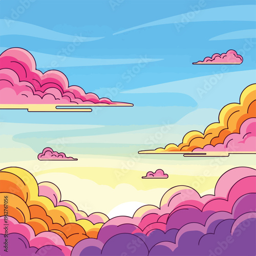 Colorful illustrated cloudscape, featuring pink, orange, and purple clouds in the sky