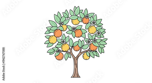 Colorful tree with oranges and leaves.