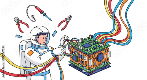 Astronaut engineer meticulously assembling complex electronic circuit board.