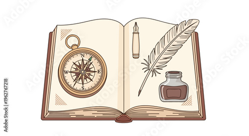 Vintage compass and writing instruments.