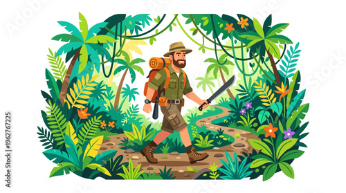 Adventurous man with backpack exploring dense jungle path.